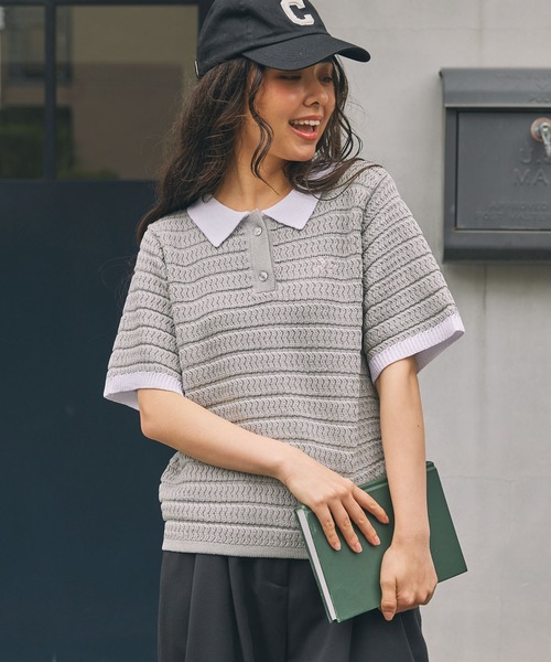 【人気Lサイズ】カサブランカ☆ワンポイント刺繍ロゴ入り総柄半袖ニットポロシャツ セール】【カヌ×MONO-MART LADY'S】ロゴ刺繍 配色 サマーニット