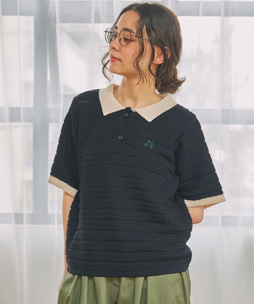 Ryu☆さん専用　長袖ニットポロ　アルパカ混　M　月桂樹刺繍　抜群の着心地♪ カヌ×MONO-MART LADY'S】ロゴ刺繍 配色 サマーニット ポロシャツ