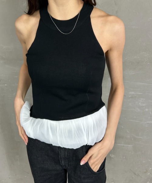 tolene(トレネ)の「ペプラムデザイン フリル バルーン アメリカンスリーブ タンクトップ(タンクトップ・レディース・ブラック/ホワイト・FREE)」の1枚目の写真