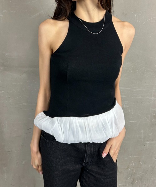 tolene(トレネ)の「ペプラムデザイン フリル バルーン アメリカンスリーブ タンクトップ(タンクトップ・レディース・ブラック/ホワイト・FREE)」の14枚目の写真