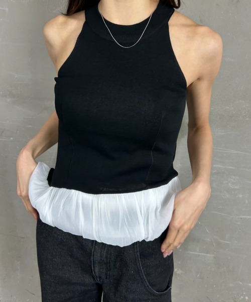 tolene(トレネ)の「ペプラムデザイン フリル バルーン アメリカンスリーブ タンクトップ(タンクトップ・レディース・ブラック/ホワイト・FREE)」の16枚目の写真