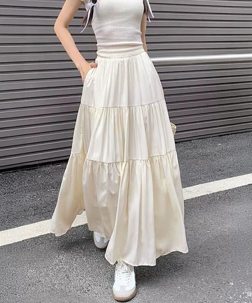 Miniministore(ミニミニストア)の「ティアードロングスカート レディース春夏(スカート・レディース・ブラック/アイボリー/ホワイト・FREE)」の3枚目の写真