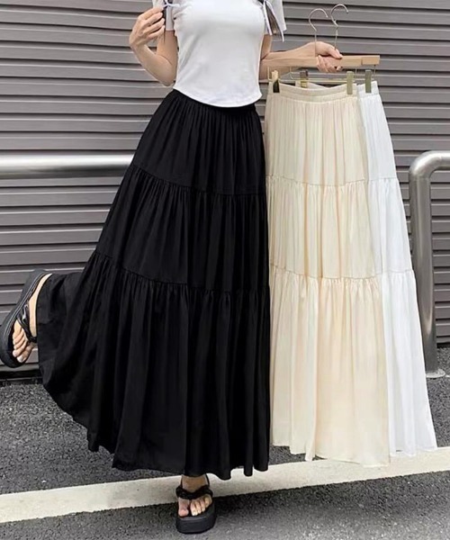 Miniministore(ミニミニストア)の「ティアードロングスカート レディース春夏(スカート・レディース・ブラック/アイボリー/ホワイト・FREE)」の4枚目の写真