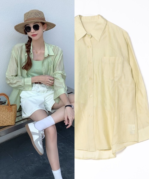 L LABEL（エルラベル）の「シアーシャツ+キャミ2点セット（シャツ/ブラウス・レディース・ホワイト/グリーン/ピンク/イエロー/ブルー・FREE）」の3枚目の写真