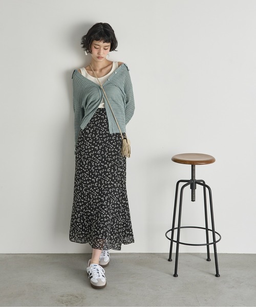 小花柄シフォンスカンツ  (ホワイト、Mサイズ）* 更紗プリント花柄シフォンブラウス/前後2way/洗える(ブラウス