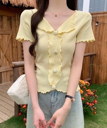 ke07さんcurensology ラッフルフリルニットカーディガン　イエロー Curensology｜ラッフルニットカーディガン | Rakuten Fashion