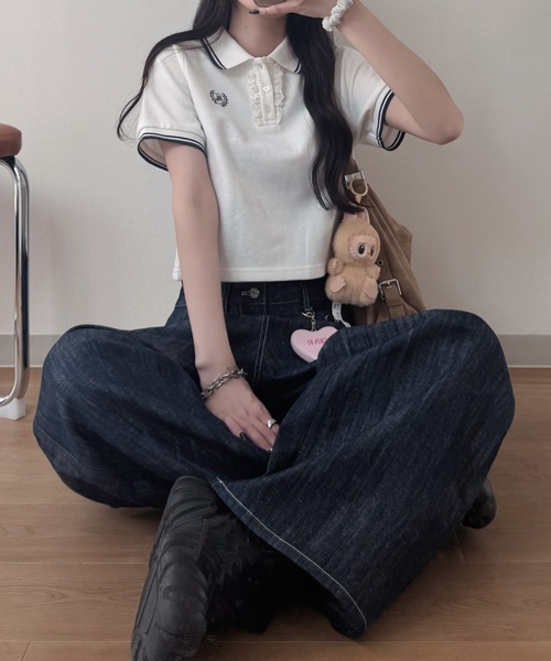 nemne store（ネンネストア）の「フリルレース付きポロシャツ（ポロシャツ・レディース・アイボリー/ライトブルー/ネイビー・SMALL/MEDIUM）」の2枚目の写真