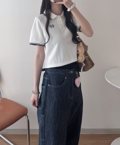 nemne store（ネンネストア）の「フリルレース付きポロシャツ（ポロシャツ・レディース・アイボリー/ライトブルー/ネイビー・SMALL/MEDIUM）」の5枚目の写真