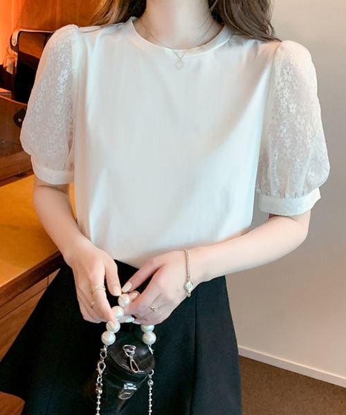 Lace Ladies（レースレディース）の「パフ袖 リボン フラワーレース デザイン カットソー（Tシャツ/カットソー・レディース・ホワイト・XL/M/S）」の2枚目の写真