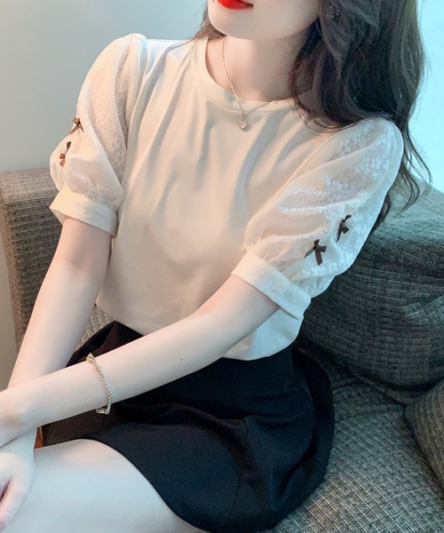 Lace Ladies（レースレディース）の「パフ袖 リボン フラワーレース デザイン カットソー（Tシャツ/カットソー・レディース・ホワイト・XL/M/S）」の3枚目の写真