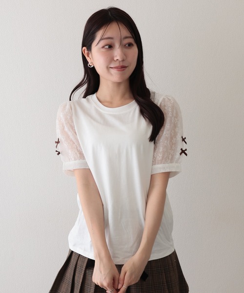 Lace Ladies（レースレディース）の「パフ袖 リボン フラワーレース デザイン カットソー（Tシャツ/カットソー・レディース・ホワイト・XL/M/S）」の5枚目の写真