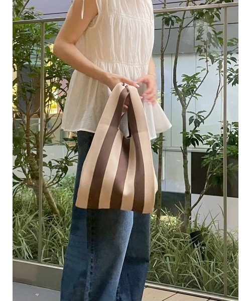 BAYFLOW(ベイフロー)の「ストライプニットトート2(トートバッグ・レディース・ベージュ/ピンク・0)」の2枚目の写真