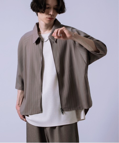 Crownor(クラウノアー)の「ピンストライプ ジップアップ 半袖シャツ(シャツ/ブラウス・メンズ・ベージュ/ブルー/チャコール・MEDIUM/LARGE)」の2枚目の写真