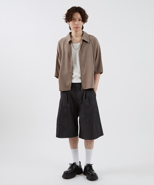 ピンストライプ ジップアップ 半袖シャツ（シャツ/ブラウス