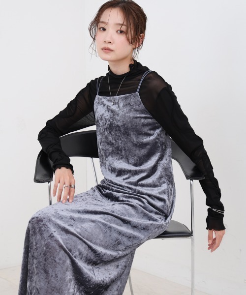 Bab（バブ）の「【S・Mサイズ展開】シアーベロアカップ付きキャミワンピース/ダブルストラップ（ワンピース・レディース・アイボリー/ブラック/チャコールグレー/ブラウン/ベージュ・S/M）」の3枚目の写真