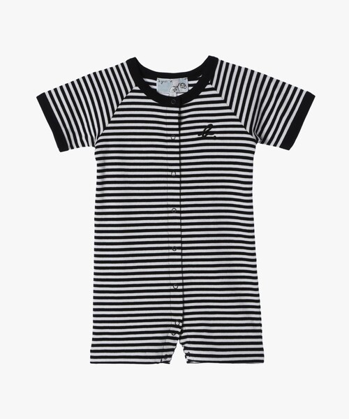 agnes b.(アニエスベー)の「ベビー 細ボーダー コットン 半袖 コンビネゾン(ロンパース・キッズ・ブラック・1YEAR/6MONTH)」の1枚目の写真