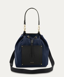 Leather Pocket High Count Taffeta Drawstring Bag