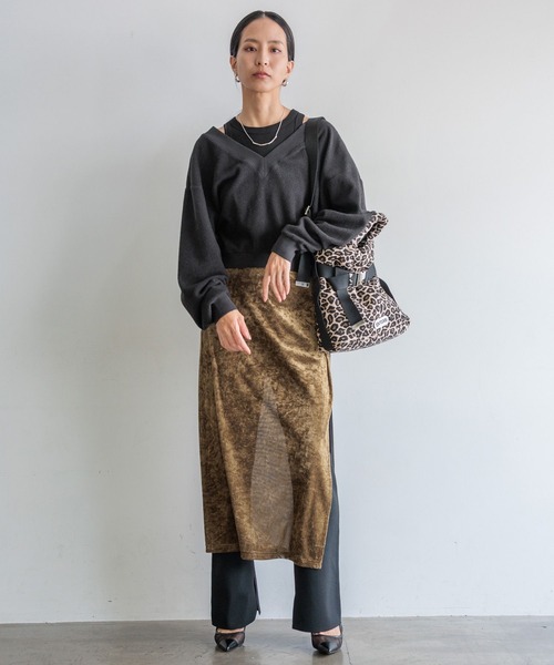 HEREIAM（ヘレイアム）の「【HEREIAM】巻くだけ簡単！メッシュベロアラップスカート（スカート・レディース・カーキ/ブラック・FREE）」の6枚目の写真