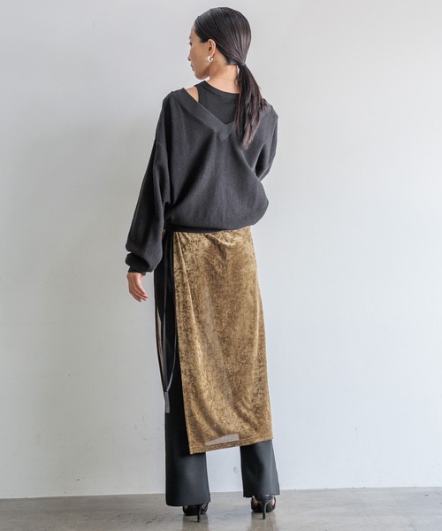 HEREIAM（ヘレイアム）の「【HEREIAM】巻くだけ簡単！メッシュベロアラップスカート（スカート・レディース・カーキ/ブラック・FREE）」の8枚目の写真