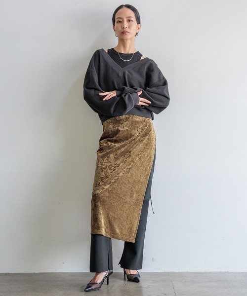HEREIAM（ヘレイアム）の「【HEREIAM】巻くだけ簡単！メッシュベロアラップスカート（スカート・レディース・カーキ/ブラック・FREE）」の9枚目の写真