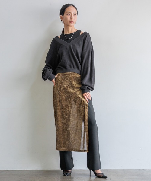 HEREIAM（ヘレイアム）の「【HEREIAM】巻くだけ簡単！メッシュベロアラップスカート（スカート・レディース・カーキ/ブラック・FREE）」の10枚目の写真