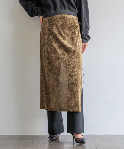 HEREIAM（ヘレイアム）の「【HEREIAM】巻くだけ簡単！メッシュベロアラップスカート（スカート・レディース・カーキ/ブラック・FREE）」の11枚目の写真