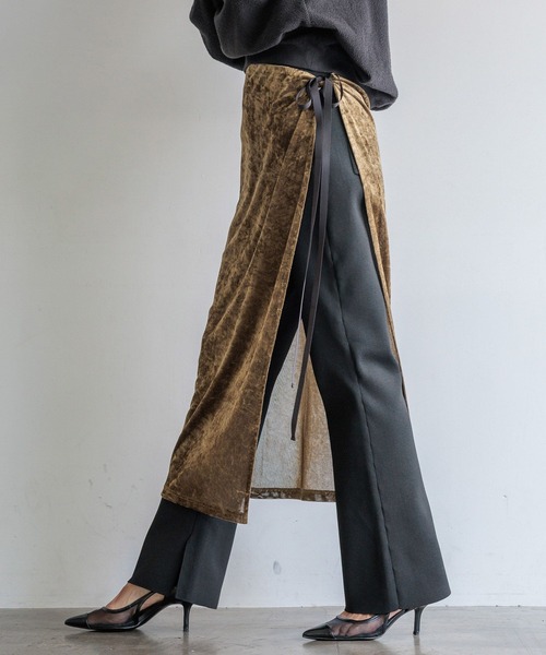 HEREIAM（ヘレイアム）の「【HEREIAM】巻くだけ簡単！メッシュベロアラップスカート（スカート・レディース・カーキ/ブラック・FREE）」の12枚目の写真