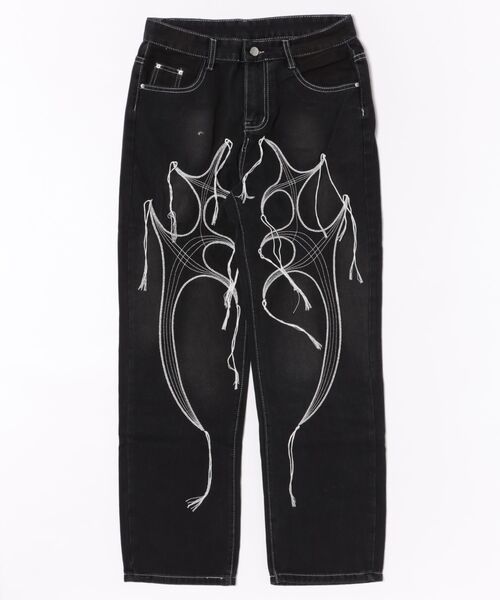 LAND MUSEUM(ランドミュージアム)の「LAND MUSEUM/モチーフ刺繍ストレートパンツ(デニムパンツ・メンズ・ブラック・MEDIUM/LARGE)」の1枚目の写真