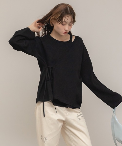 セール】【original】レイヤード風ニットトップス / グレー 杢グレー