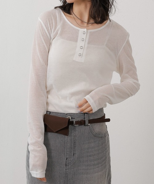 シアー リブ ヘンリーネック トップス（Tシャツ/カットソー）｜en