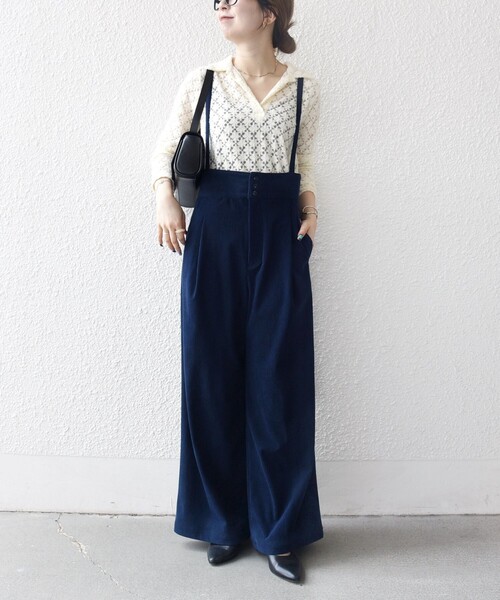 Loin サスペンダー付きワイドパンツ ネイビー SHIPS any:〈手洗い可能〉コーデュロイ サスペンダー付 ハイウエスト
