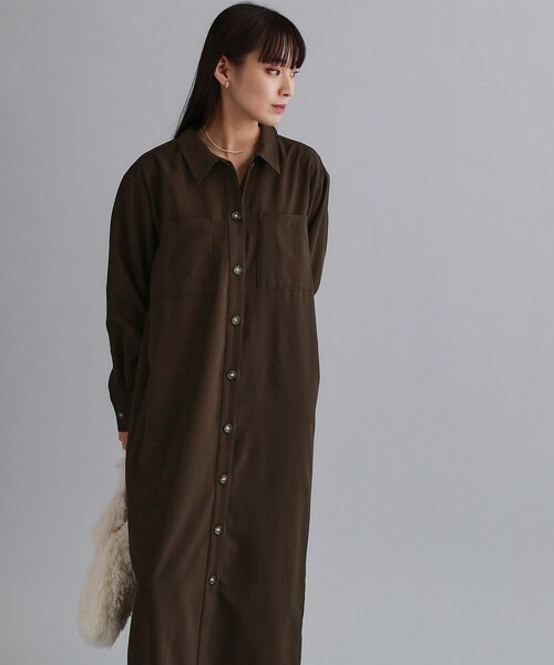 セール】【es】ダブルポケットロングシャツワンピース【洗濯機OK