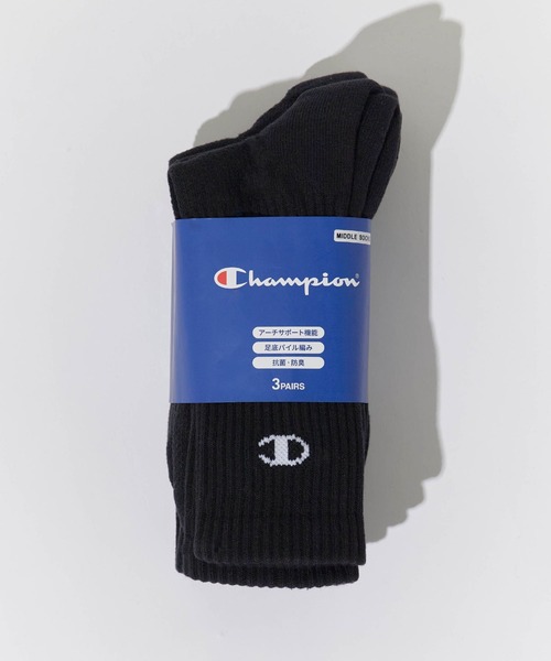 Champion(チャンピオン)の「Champion/チャンピオン 3P MIDDLE SOCKS 3点セット ソックス(ソックス/靴下・メンズ・ホワイト/ブラック・25/23)」の2枚目の写真