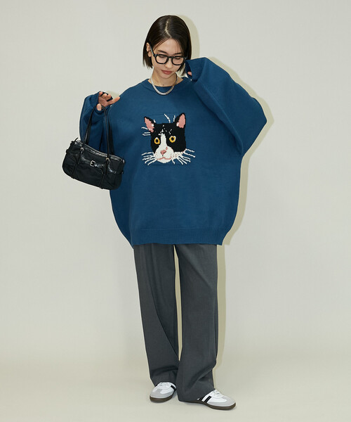 PUBLUX（パブリュクス）の「PUBLUX/パブリュクス Various キャット デザイン ニット　限定展開（ニット/セーター・レディース・チャコールグレー/ブルー/ブラック/ダークグレー/ベージュ/グリーン・LARGE/MEDIUM/SMALL）」の9枚目の写真