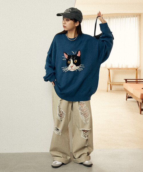 PUBLUX（パブリュクス）の「PUBLUX/パブリュクス Various キャット デザイン ニット　限定展開（ニット/セーター・レディース・チャコールグレー/ブルー/ブラック/ダークグレー/ベージュ/グリーン・LARGE/MEDIUM/SMALL）」の16枚目の写真