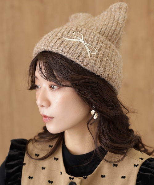 セール】リボン付き 猫耳 モヘア ニット ワッチ（ニットキャップ