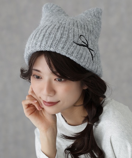 セール】リボン付き 猫耳 モヘア ニット ワッチ（ニットキャップ