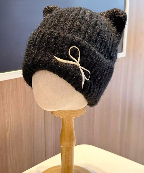セール】リボン付き 猫耳 モヘア ニット ワッチ（ニットキャップ
