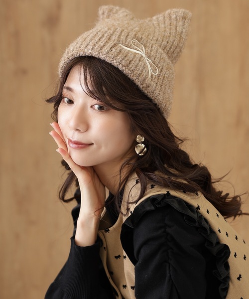 セール】リボン付き 猫耳 モヘア ニット ワッチ（ニットキャップ