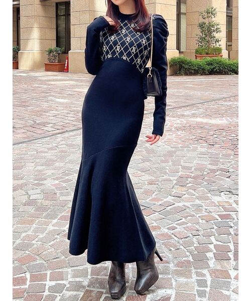 RESEXXY（リゼクシー）の「チェックジャガードマーメイドニットワンピース（ワンピース・レディース・アイボリー/ブラック/ベージュ・FREE）」の3枚目の写真