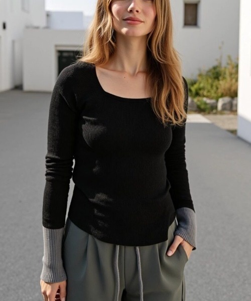 cammie（キャミー）の「袖配色ニットトップス（ニット/セーター・レディース・ブラック/ベージュ・F）」の10枚目の写真