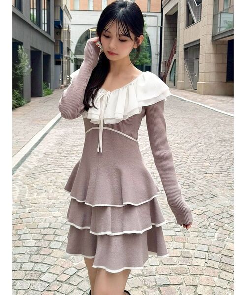 セール】ラッフルデザインミニニットワンピース（ワンピース