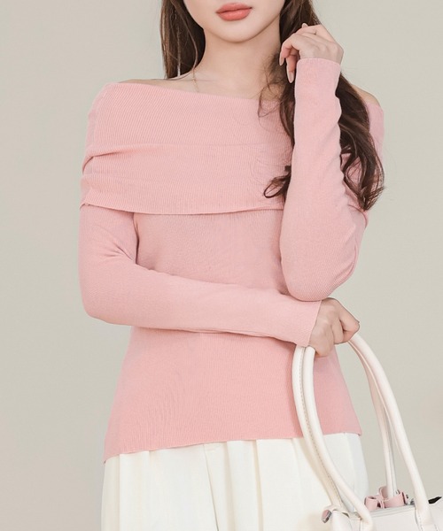 Anely(アネリー)の「折り返し オフショル リブ ニット トップス(ニット/セーター・レディース・ブラック/グレー/ピンク/ホワイト・FREE)」の4枚目の写真