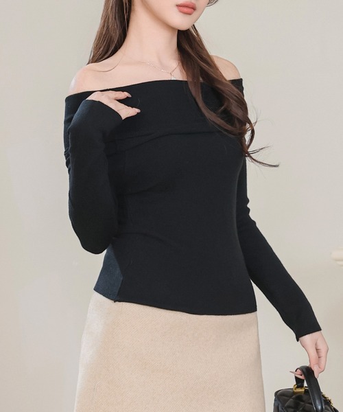 Anely(アネリー)の「折り返し オフショル リブ ニット トップス(ニット/セーター・レディース・ブラック/グレー/ピンク/ホワイト・FREE)」の8枚目の写真
