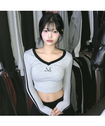 バインディングトラックラインVネックリブTシャツ(3カラー)