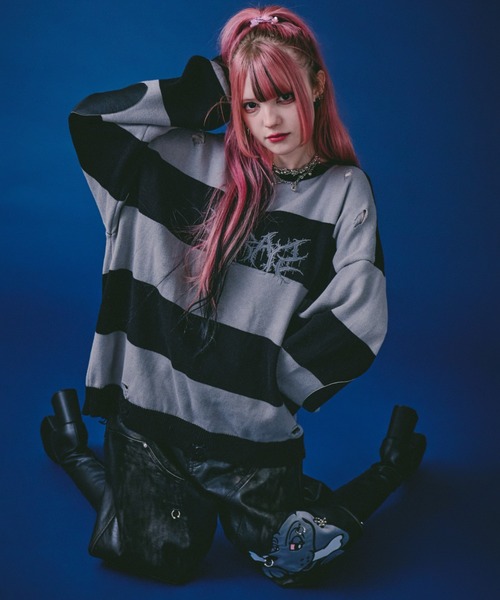 GALFY(ガルフィー)の「【GALFY】バチバチピアスニット / 【ガルフィー】バチバチピアスニット(ニット/セーター・メンズ・ブラック/ライトグレー/ブラック×グレー・L/XL)」の2枚目の写真