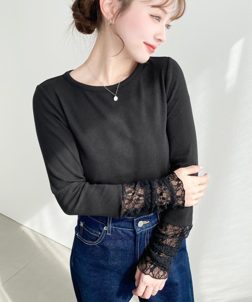 袖くしゅくしゅレースドッキングリブカットソープルオーバー（Tシャツ