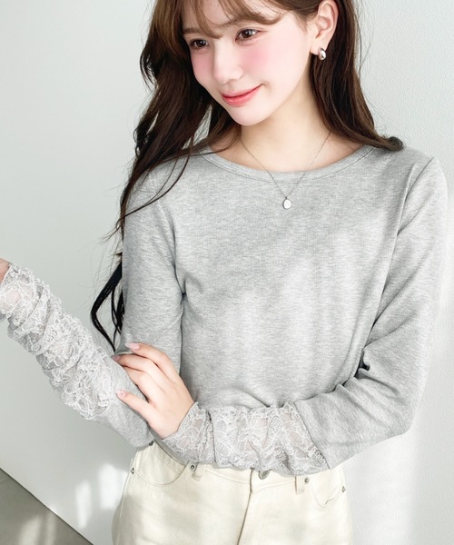 袖くしゅくしゅレースドッキングリブカットソープルオーバー（Tシャツ