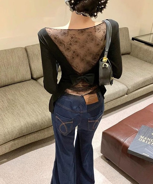 c.u.l（シーユーエル）の「パッド付 花柄レース バックオープン オフショルダーカットソー culw872（Tシャツ/カットソー・レディース・ブラック・S/M）」の4枚目の写真