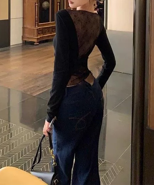 c.u.l（シーユーエル）の「パッド付 花柄レース バックオープン オフショルダーカットソー culw872（Tシャツ/カットソー・レディース・ブラック・S/M）」の6枚目の写真